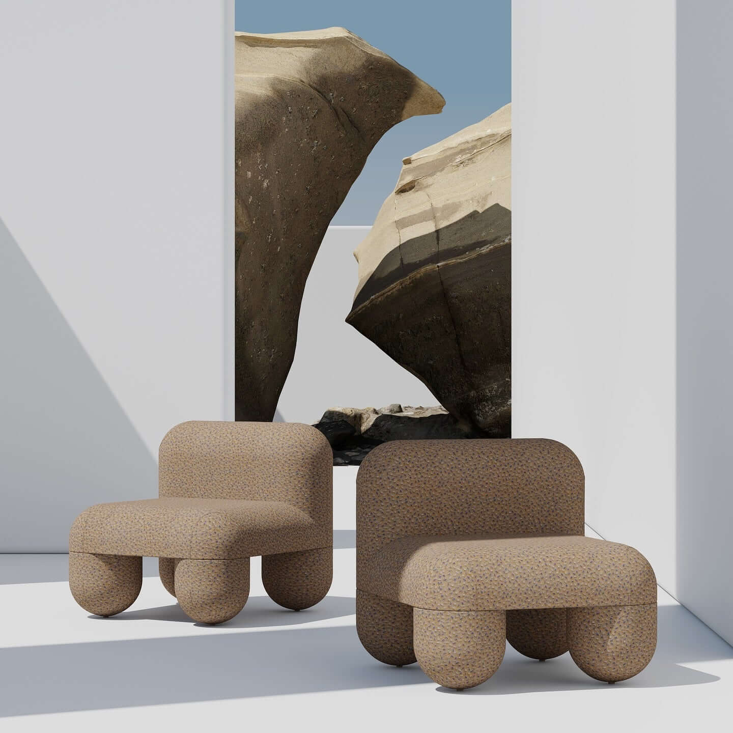HELLO Low Chair by Noom designed by Denys Sokolov, featuring round organic shapes, in a modern minimalist setting with rock formations in the background