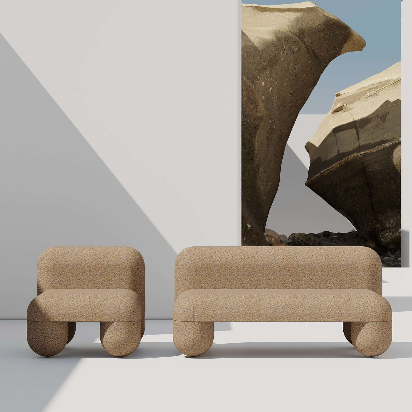 Modern beige low chair and sofa set by Noom, designed by Denys Sokolov, featuring round organic shapes in a minimalist room with natural light.