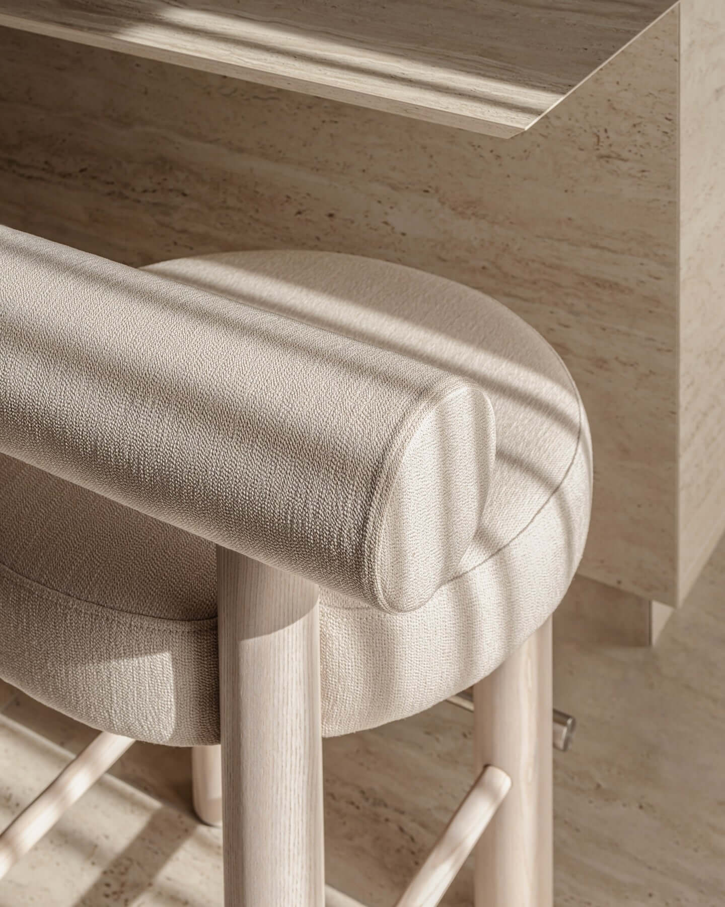 Gropius CS2 Bar Stool by Noom designed by Kateryna Sokolova inspired by Bauhaus principles, showing simple geometric shapes in neutral colors.