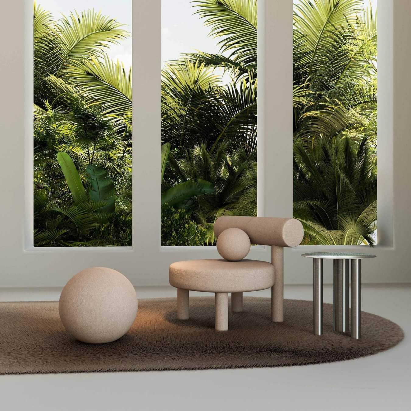 Modern Gropius Low Chair CS1 by Noom in a minimalist room with large windows overlooking lush greenery.