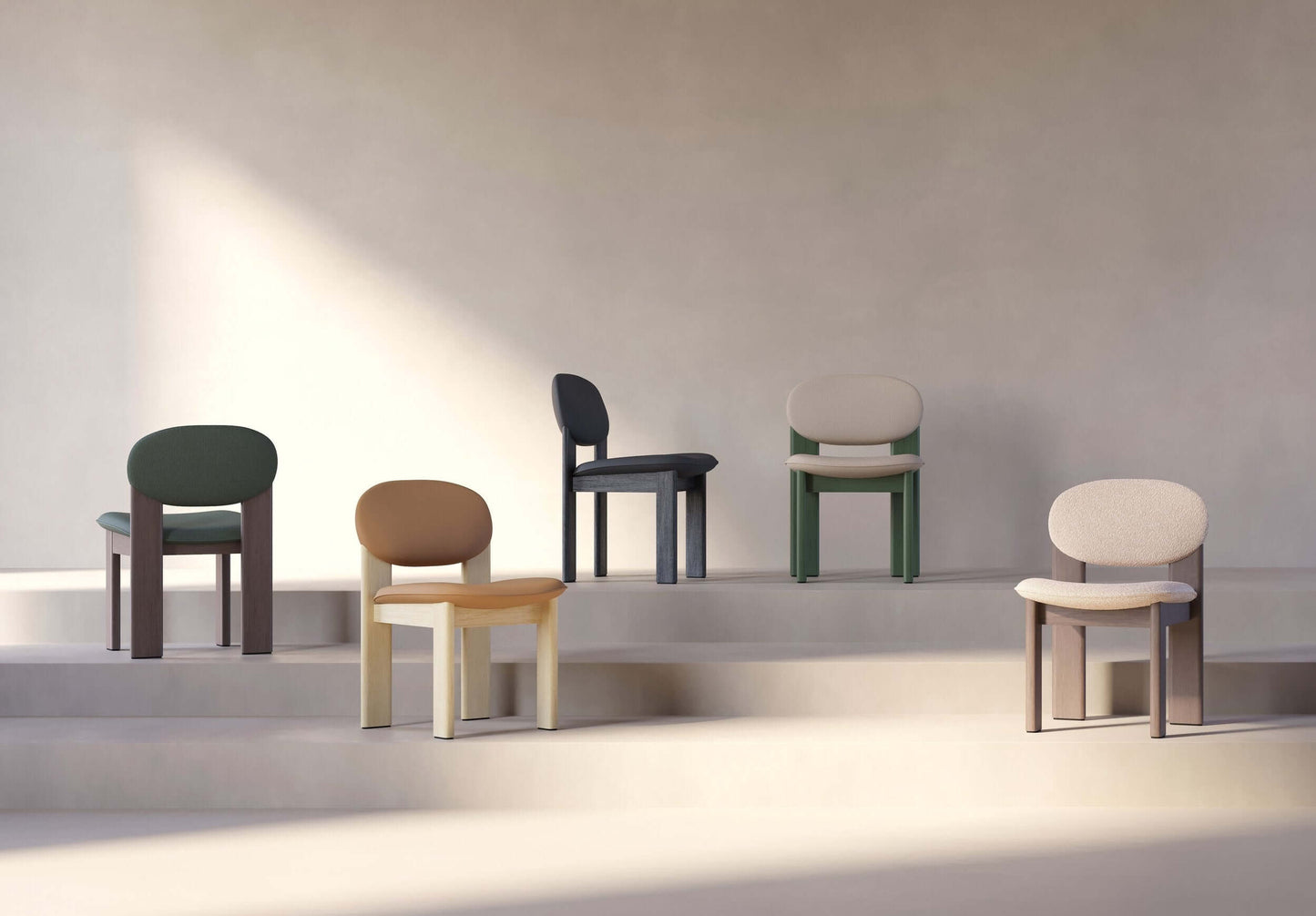 Stylish Archipen chairs by Noom, designed by Kateryna Sokolova, showcasing minimalist aesthetics and dynamic forms with flat twisted legs.