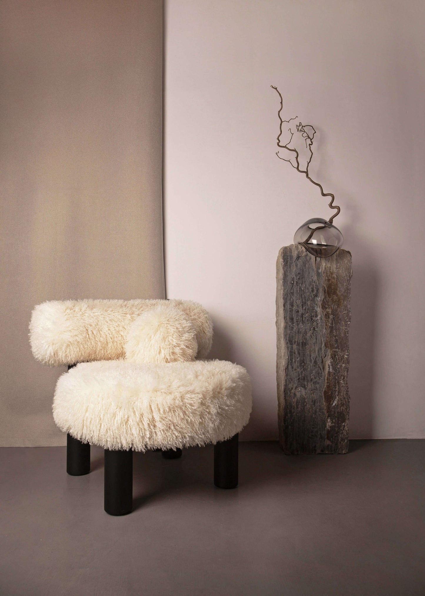Gropius Low Chair CS2 Fluffy Edition by Noom, designed by Kateryna Sokolova, featuring plush texture next to modern decor.