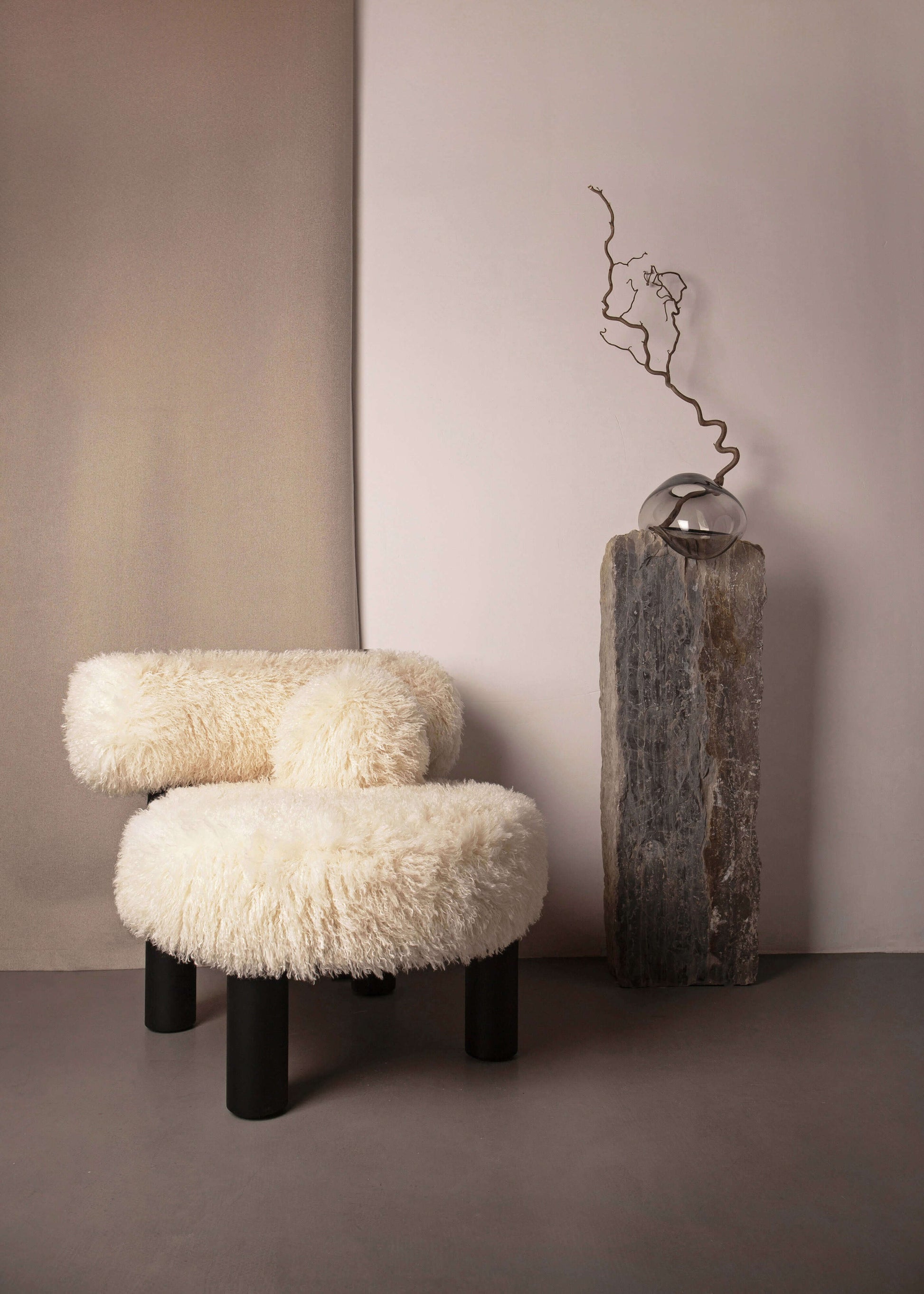 Gropius Low Chair CS2 Fluffy Edition by Noom, designed by Kateryna Sokolova, featuring plush texture next to modern decor.