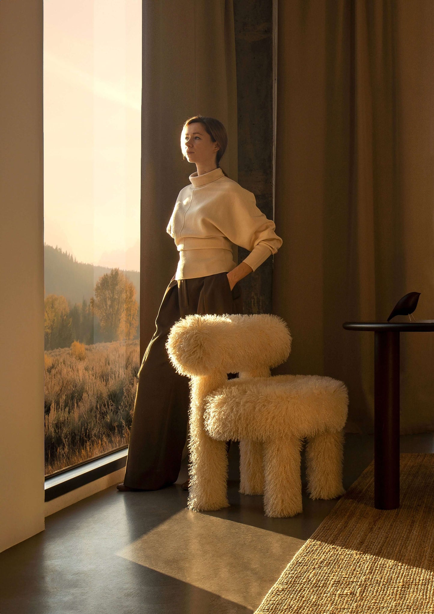 Noom Gropius Dining Chair CS1 Fluffy Edition in an entire full faux fur fabric, designed by Kateryna Sokolova, alongside minimalist decor with large windows