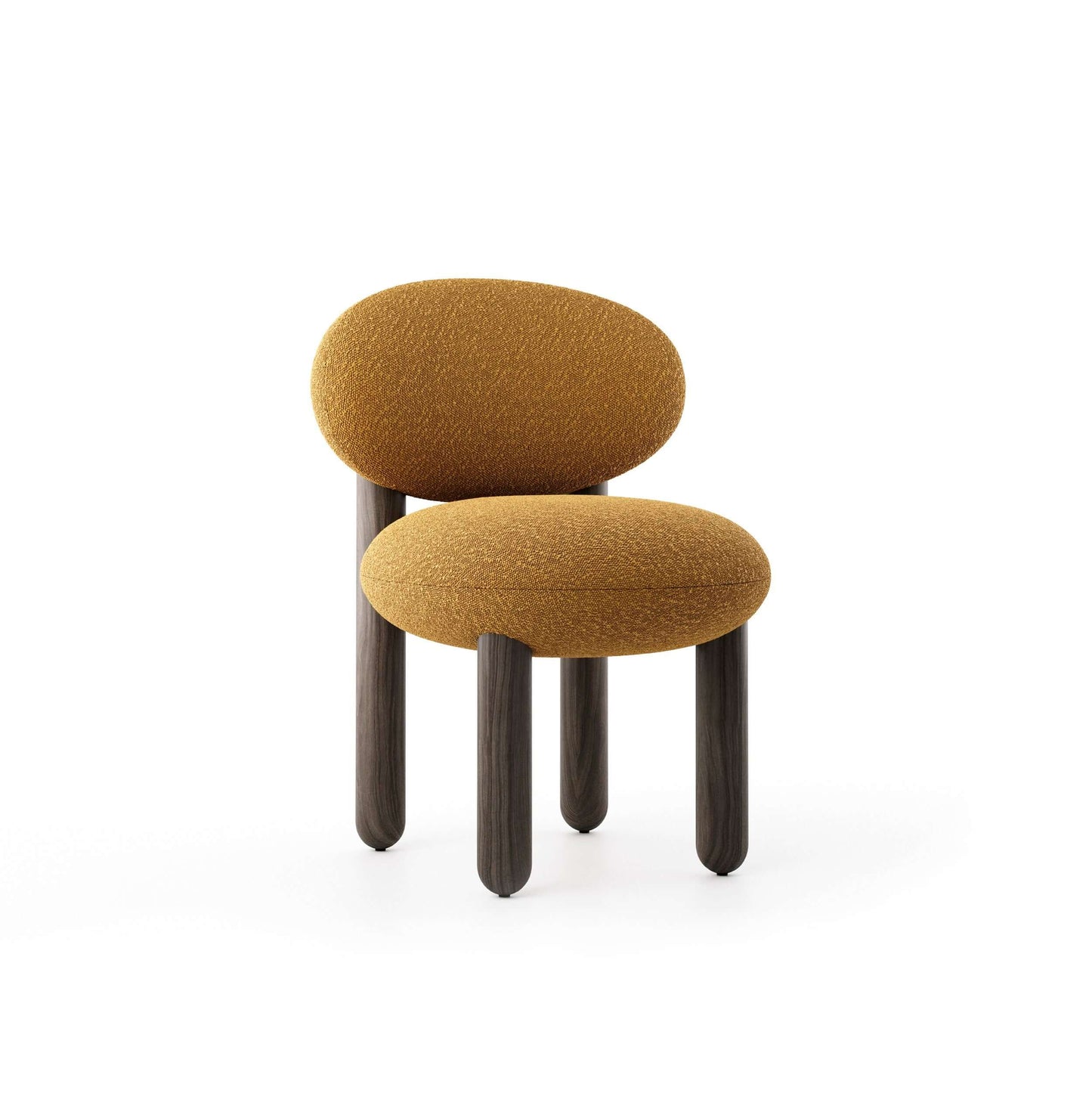 "Noom Flock CS2 Dining Chair in boucle upholstery with curved backrest and natural ashwood legs, angled front view"