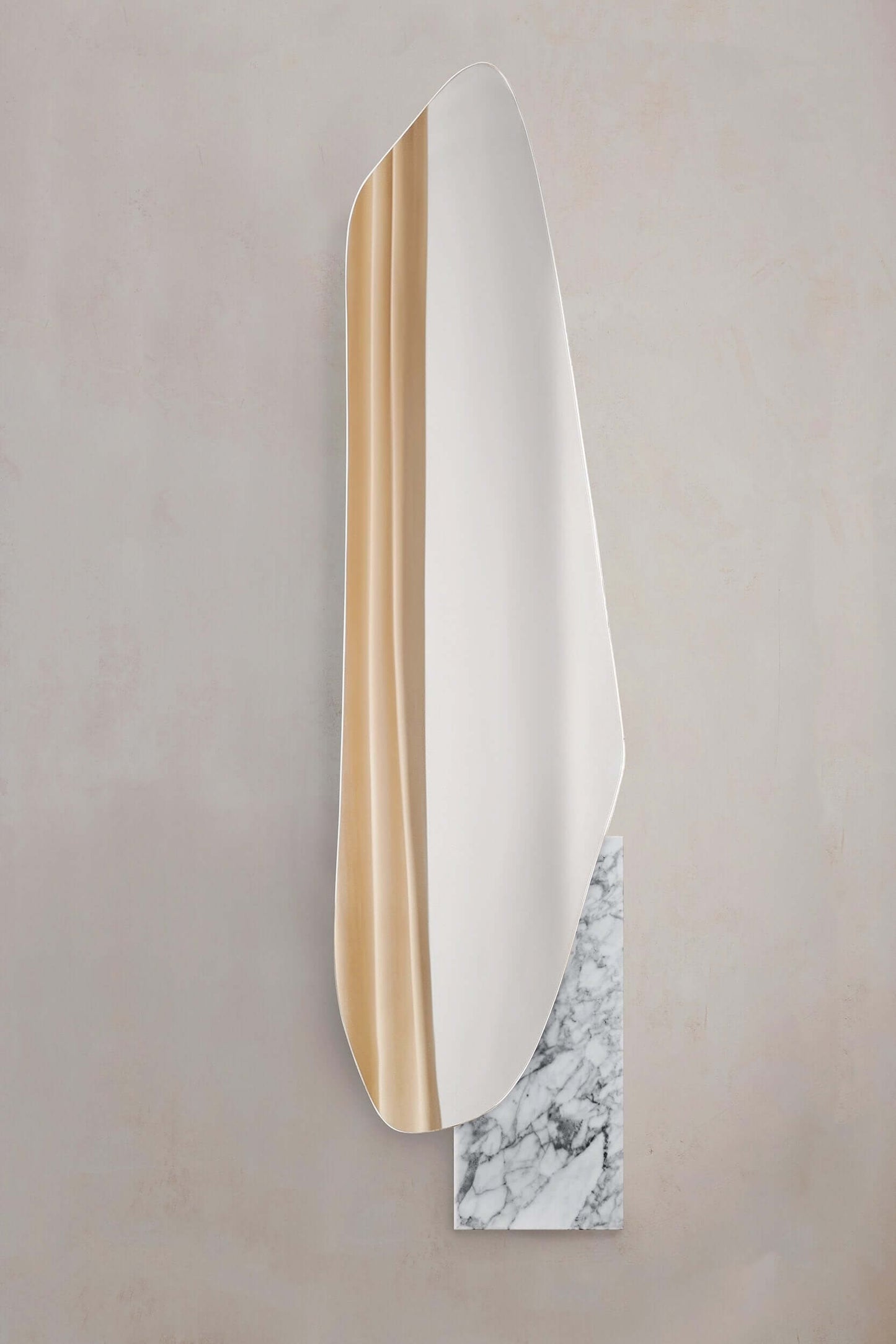 Irregular lake mirror by Noom featuring Sottsass veneer by Alpi, stainless steel, and marble design by Maryna Dague and Nathan Baraness.