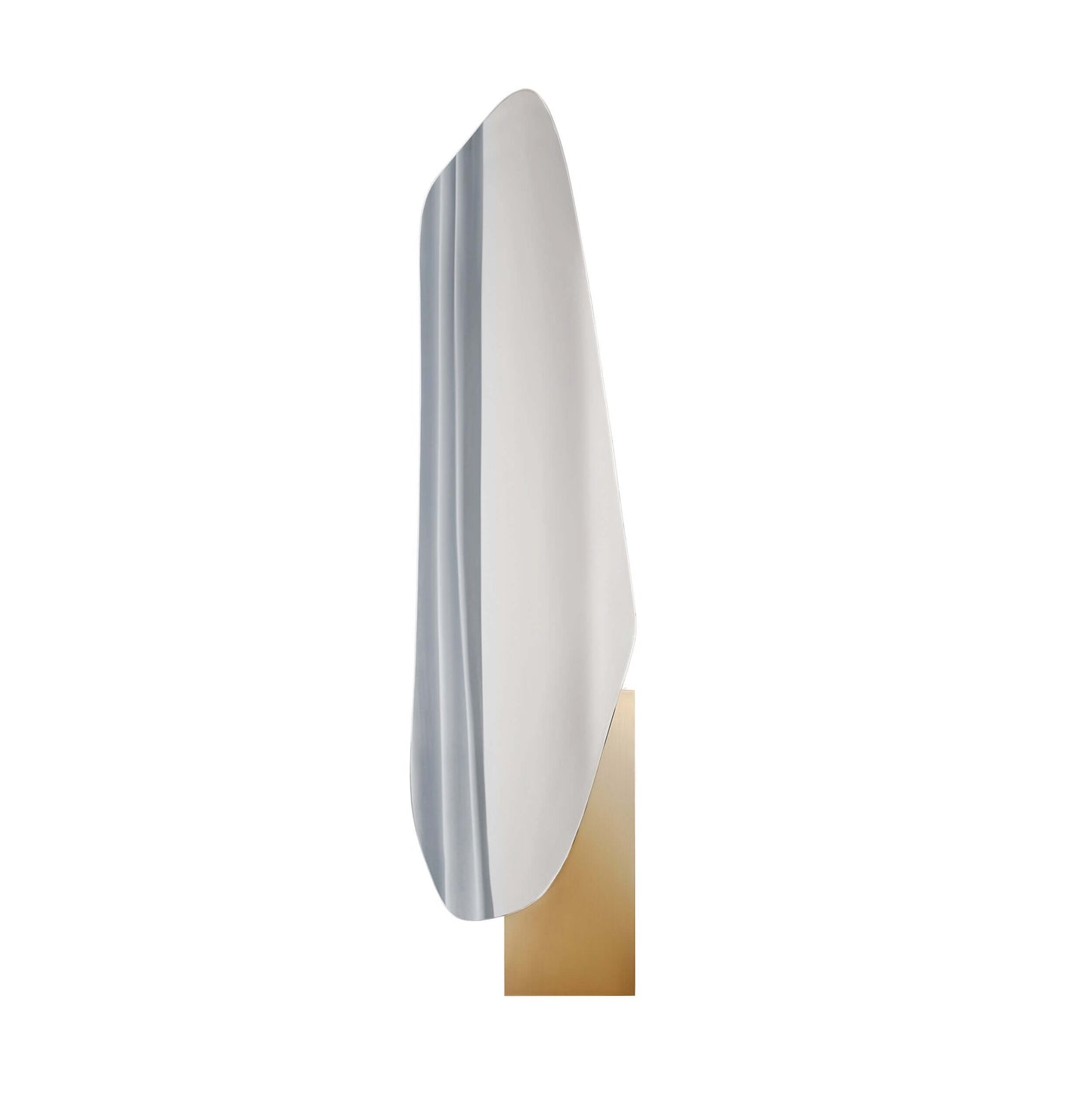 Irregular lake mirror by Noom in Sottsass veneer by Alpi, featuring stainless steel and marble design.