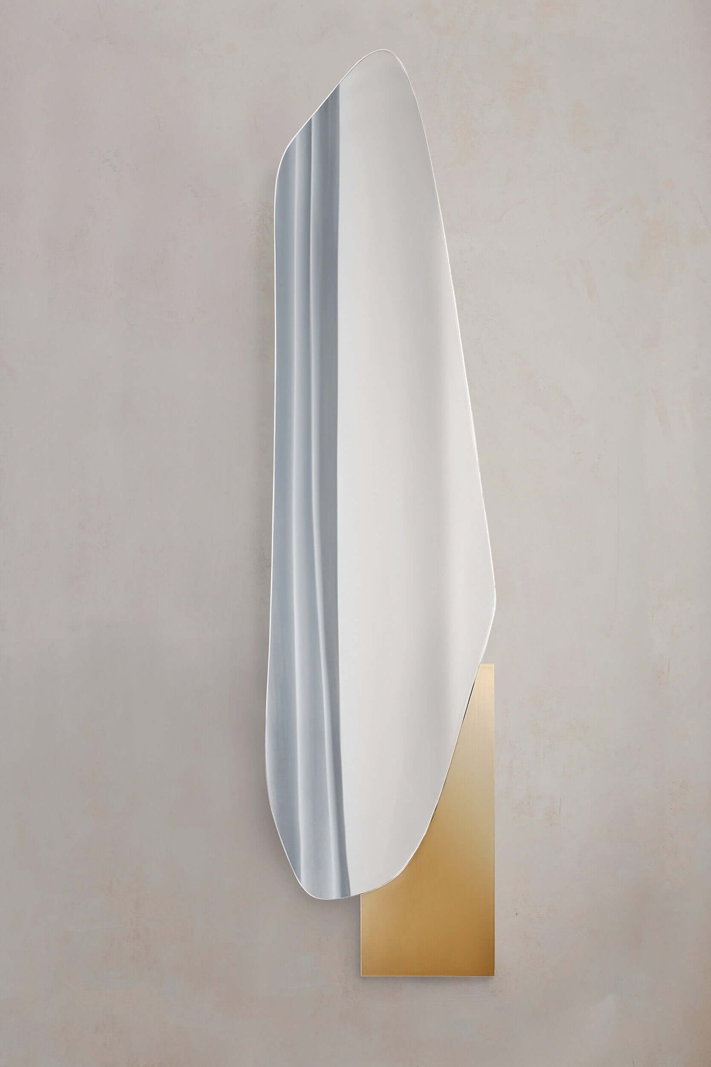 Irregular lake mirror by Noom in Sottsass veneer by Alpi with stainless steel and marble accents; designed by Maryna Dague & Nathan Baraness.
