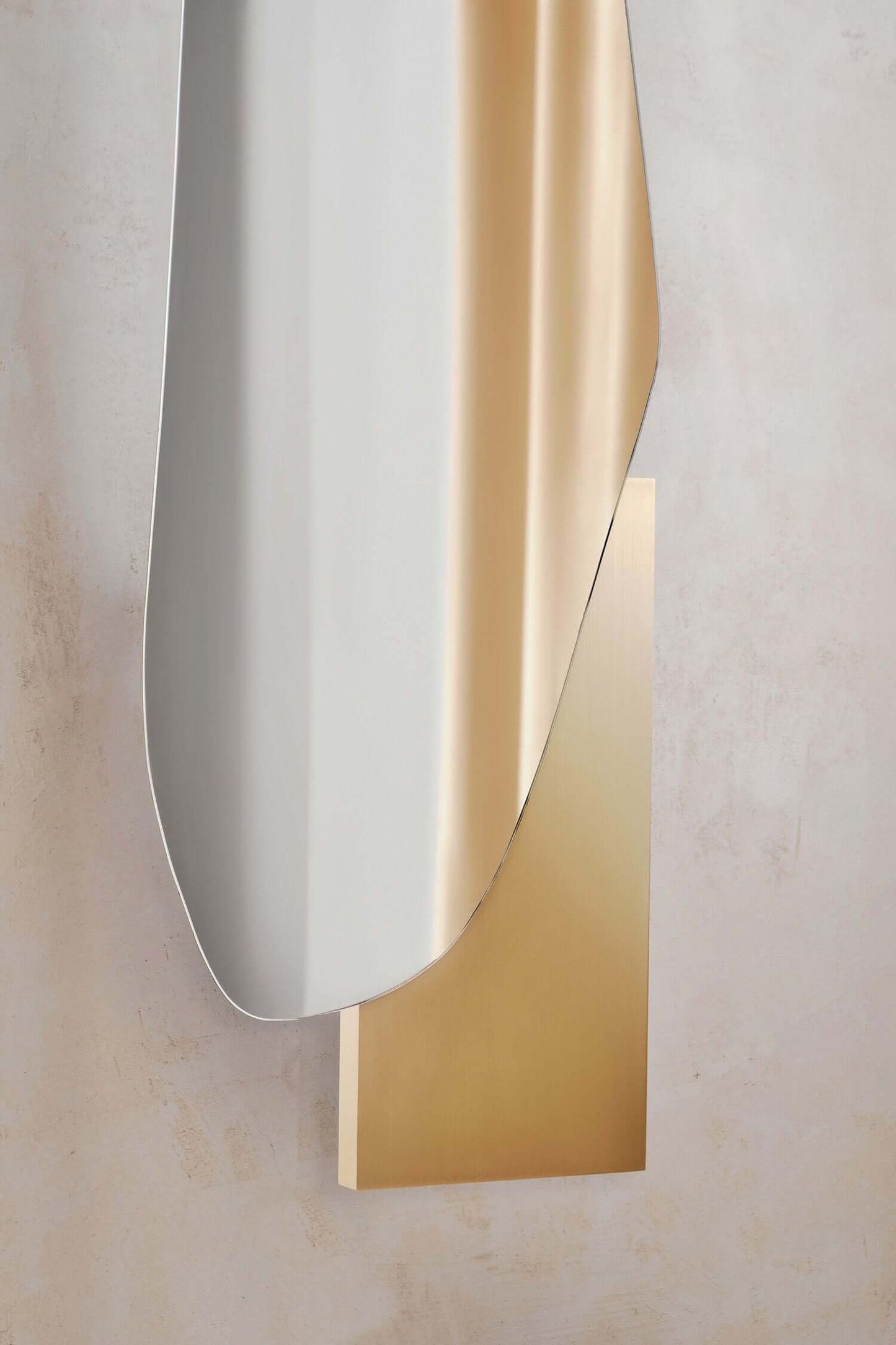 Irregular lake mirror in sottsass veneer by Noom, designed with stainless steel and marble accents by Maryna Dague & Nathan Baraness.