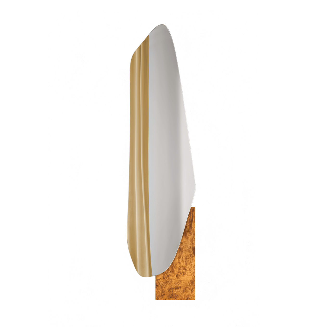 Irregular lake mirror by Noom in Sottsass veneer by Alpi with stainless steel and marble design, inspired by lake shapes.