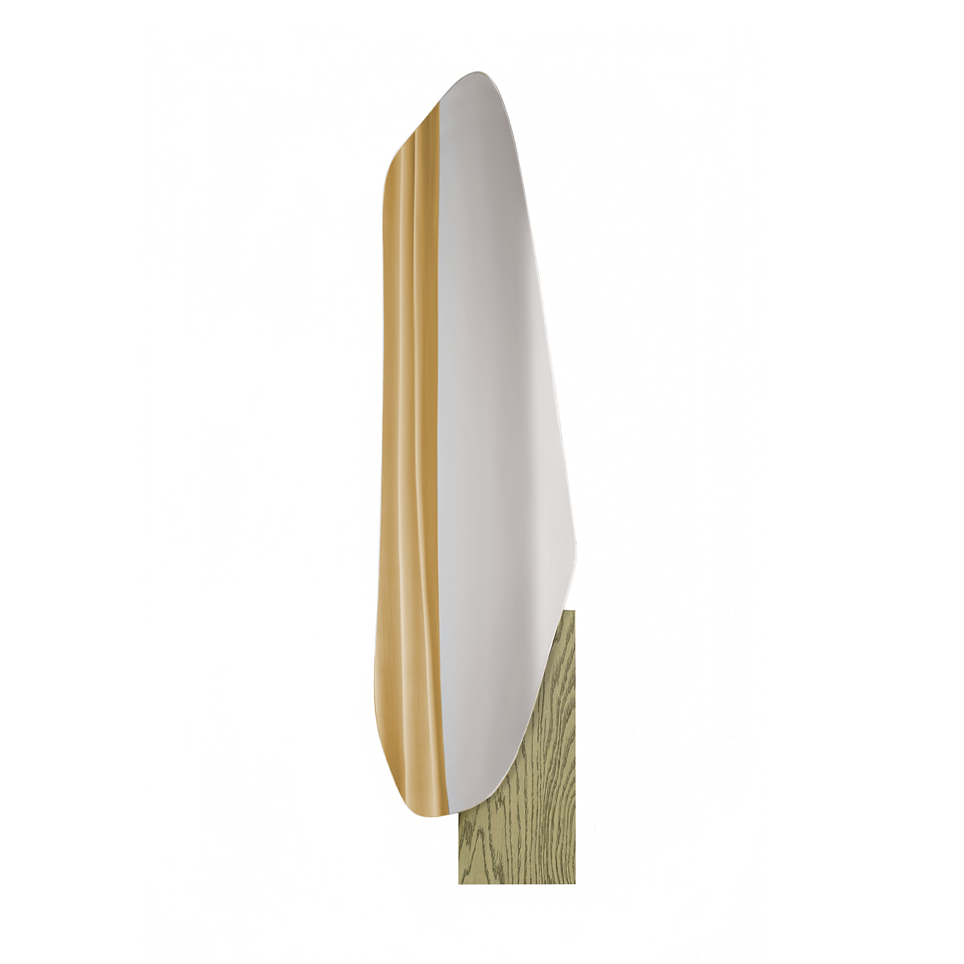Irregular lake mirror by Noom in Sottsass veneer by Alpi with stainless steel and marble accents, designed by Maryna Dague & Nathan Baraness.