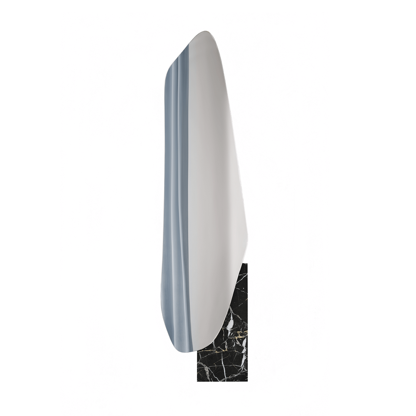Irregular lake mirror by Noom in Sottsass veneer by Alpi with stainless steel and marble base, designed by Maryna Dague and Nathan Baraness.