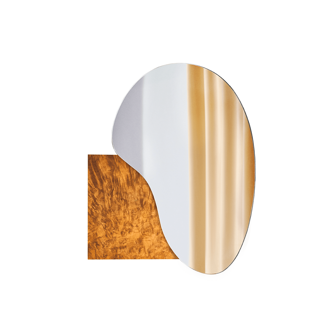 Irregular lake mirror by Noom, designed by Maryna Dague and Nathan Baraness, with Sottsass veneer and stainless steel elements.