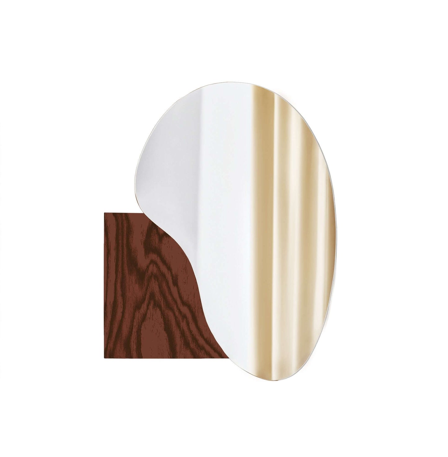 Irregular lake-inspired mirror with Sottsass veneer by Noom, home decor option in stainless steel and marble designed by Maryna Dague.