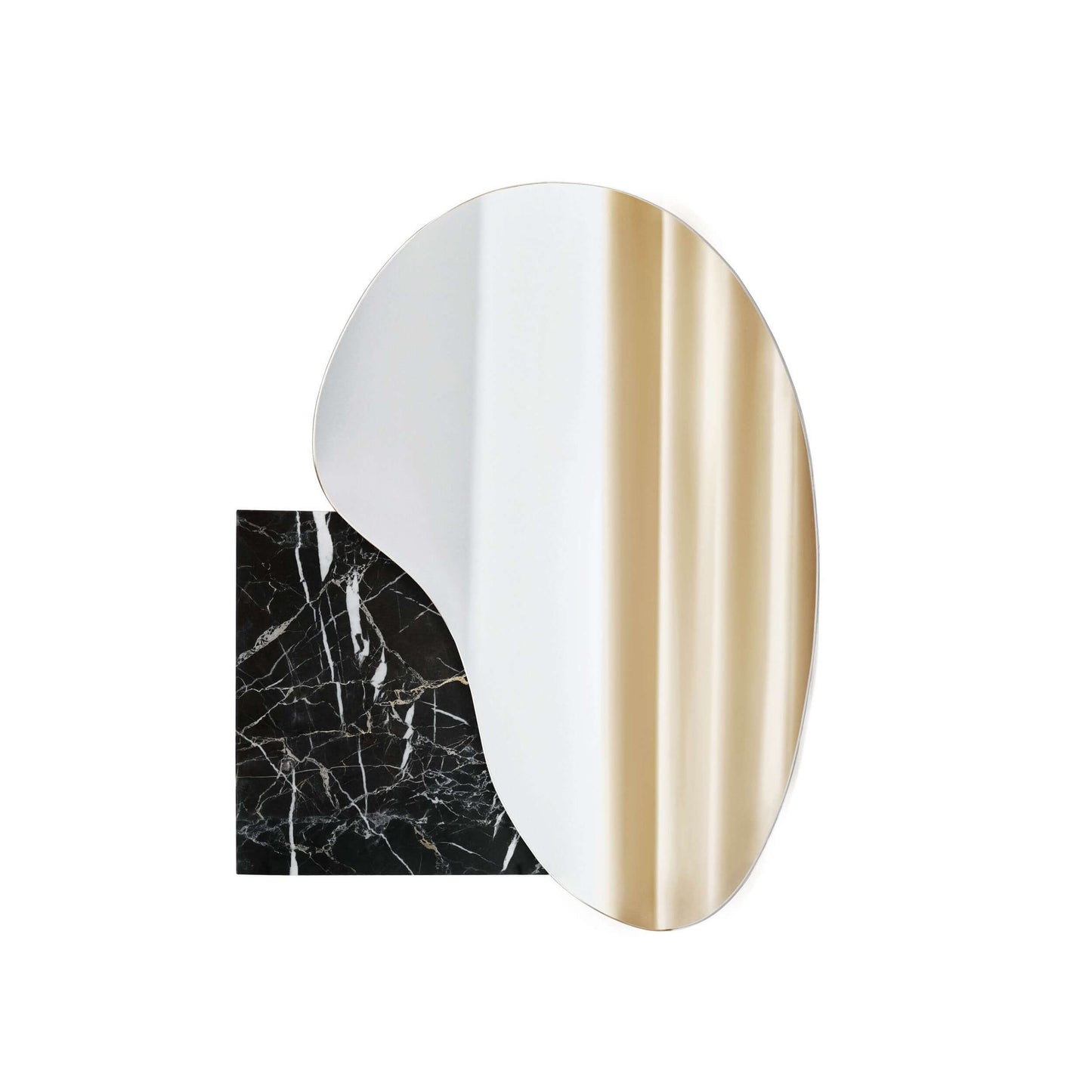 Irregular lake mirror by Noom with marble accent, designed by Maryna Dague and Nathan Baraness, inspired by shoreline shapes.