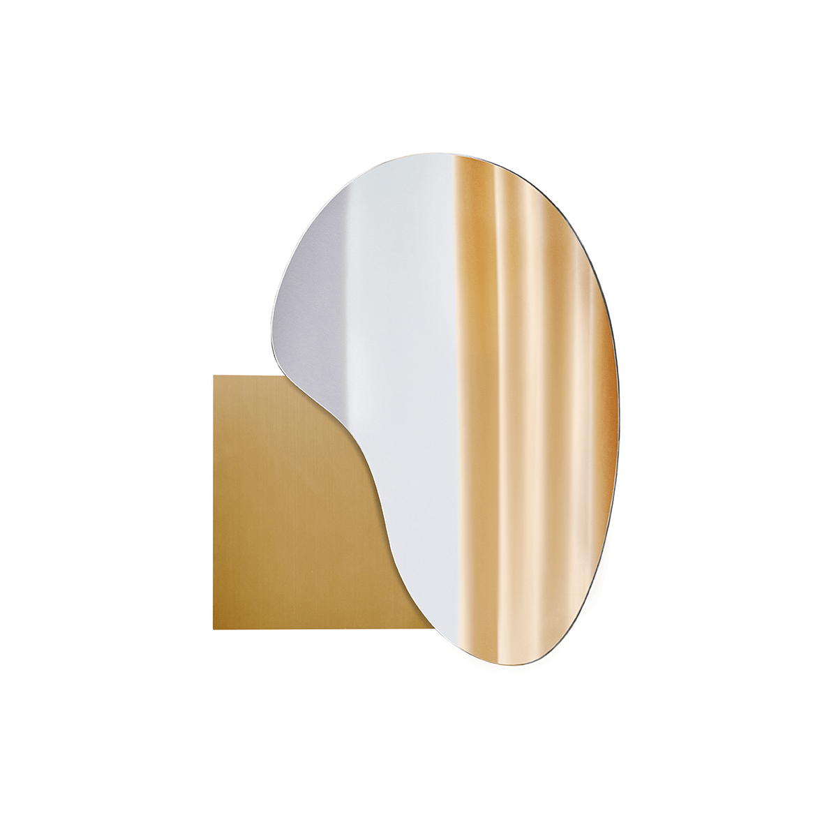 Irregular lake-shaped mirror with Sottsass veneer, stainless steel, and marble options by Noom Home, designed by Maryna Dague and Nathan Baraness.