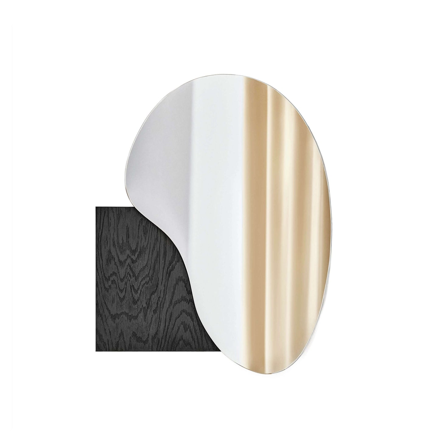 Irregular lake mirror with Sottsass veneer, stainless steel, and marble accents by Noom Home, designed by Maryna Dague and Nathan Baraness.