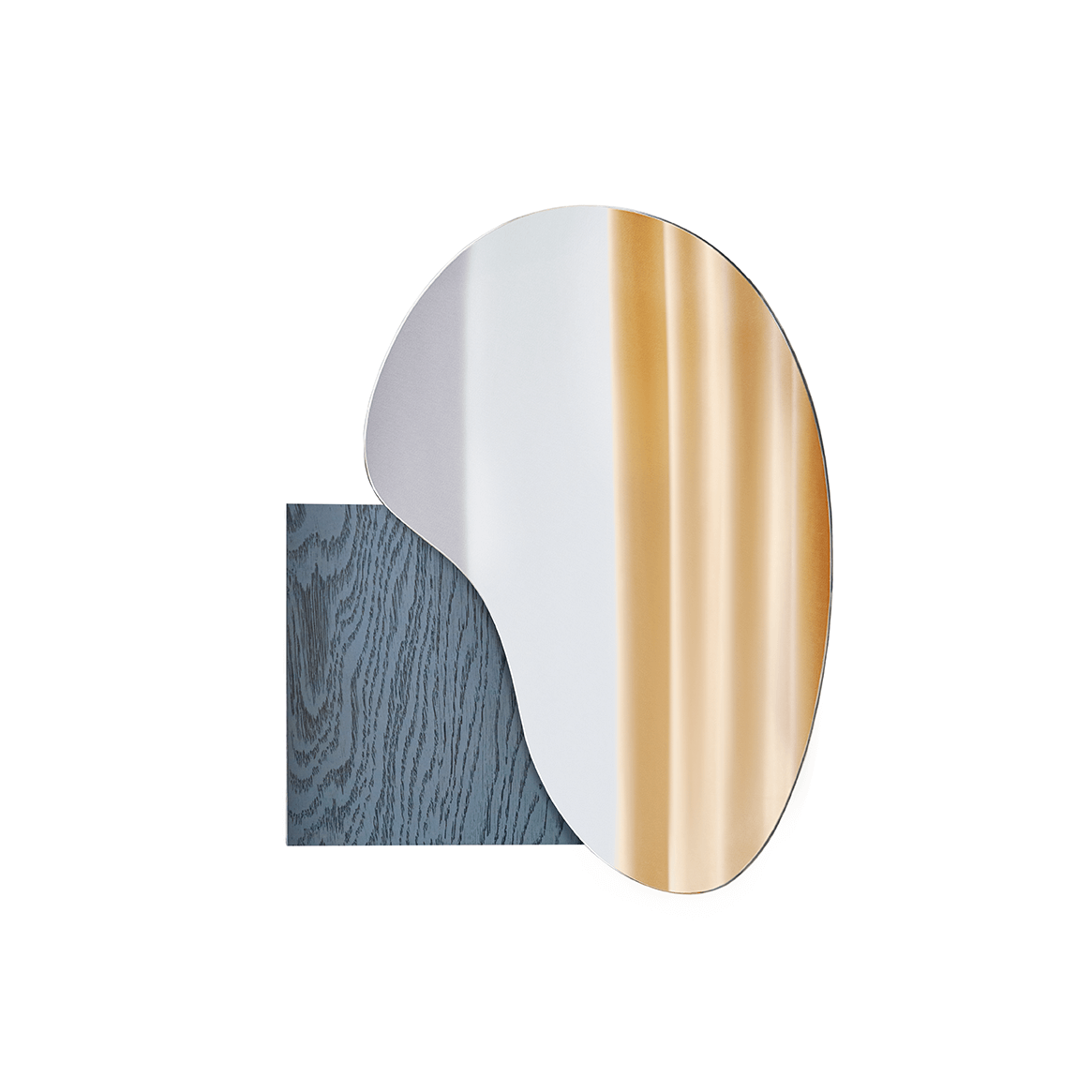 Irregular lake-inspired mirror with Sottsass veneer and stainless steel, part of the Noom home collection by Maryna Dague and Nathan Baraness.