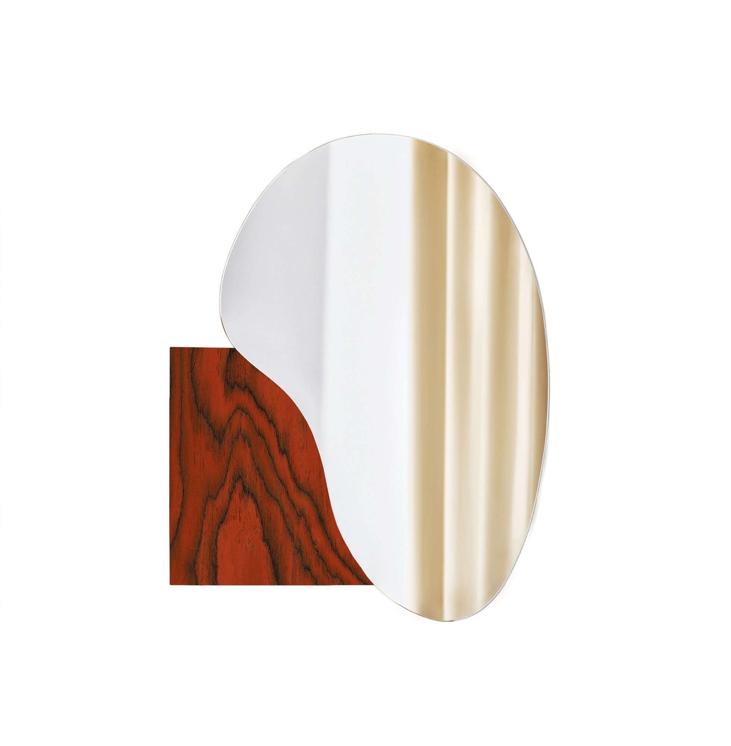 Irregular lake-shaped mirror with Sottsass veneer, designed by Noom, featuring stainless steel and marble elements.