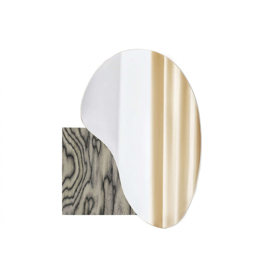 Irregular lake-shaped mirror by Noom in Sottsass veneer, stainless steel, and marble finish, designed by Maryna Dague & Nathan Baraness.