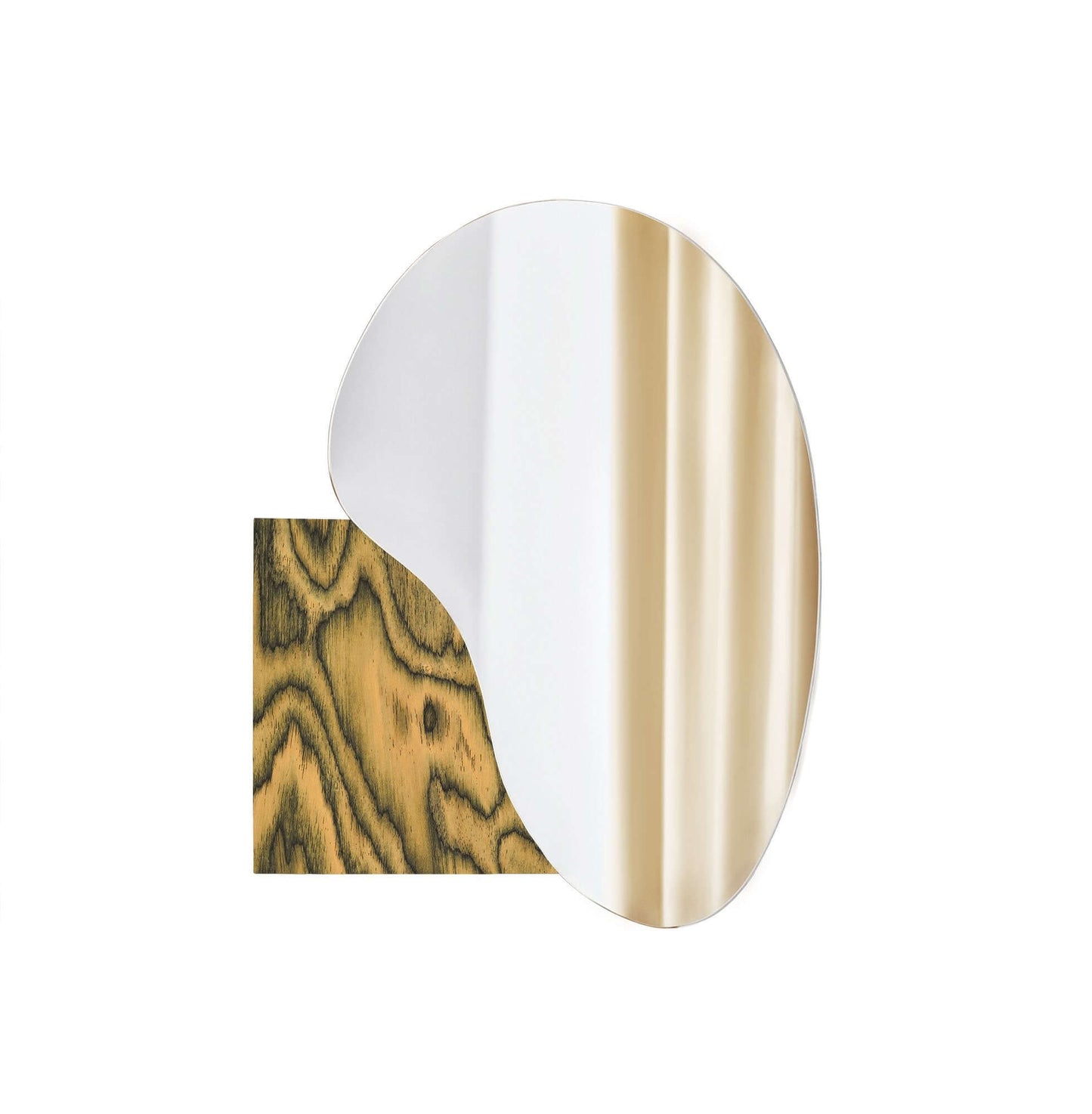 Irregular lake-shaped mirror with Sottsass veneer, designed by Noom, featuring sculptural curves and nature-inspired elegance.