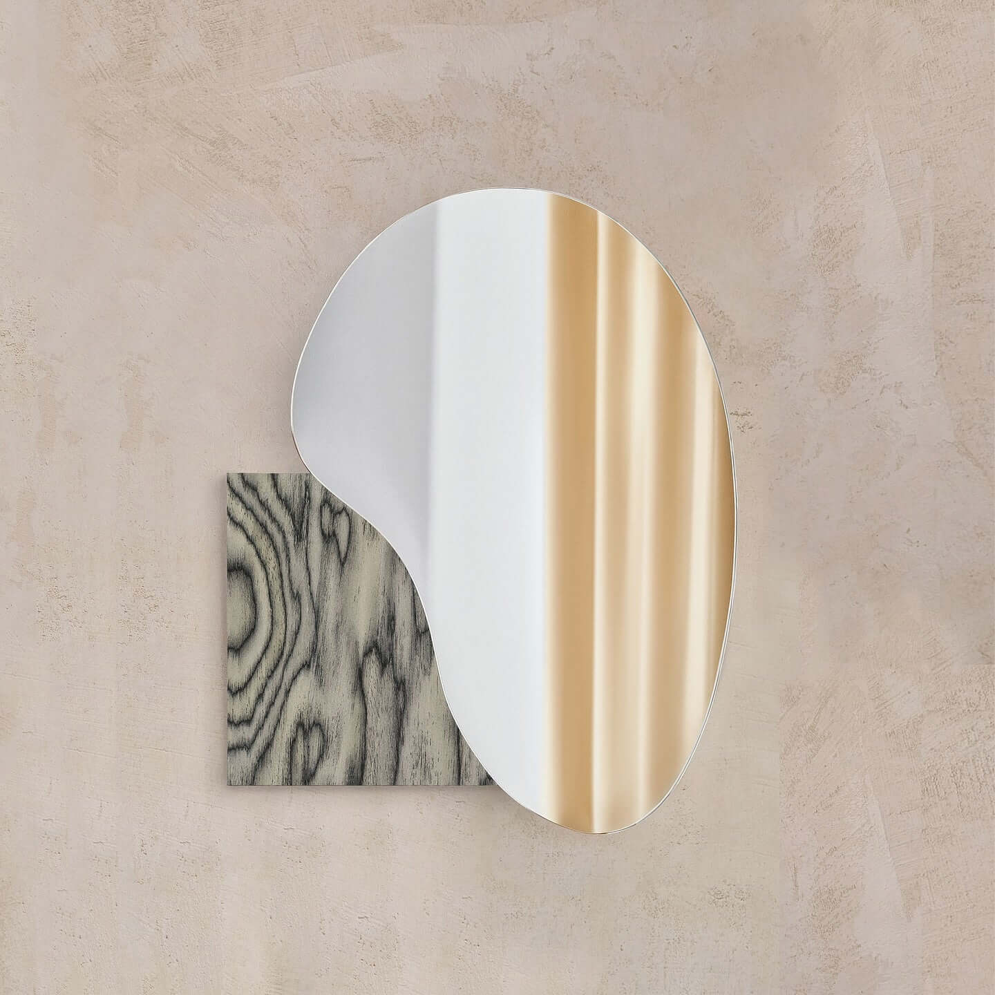 Lake Mirror 4 with irregular shape by Noom, designed by Maryna Dague & Nathan Baraness, featuring Sottsass Veneer and stainless steel.
