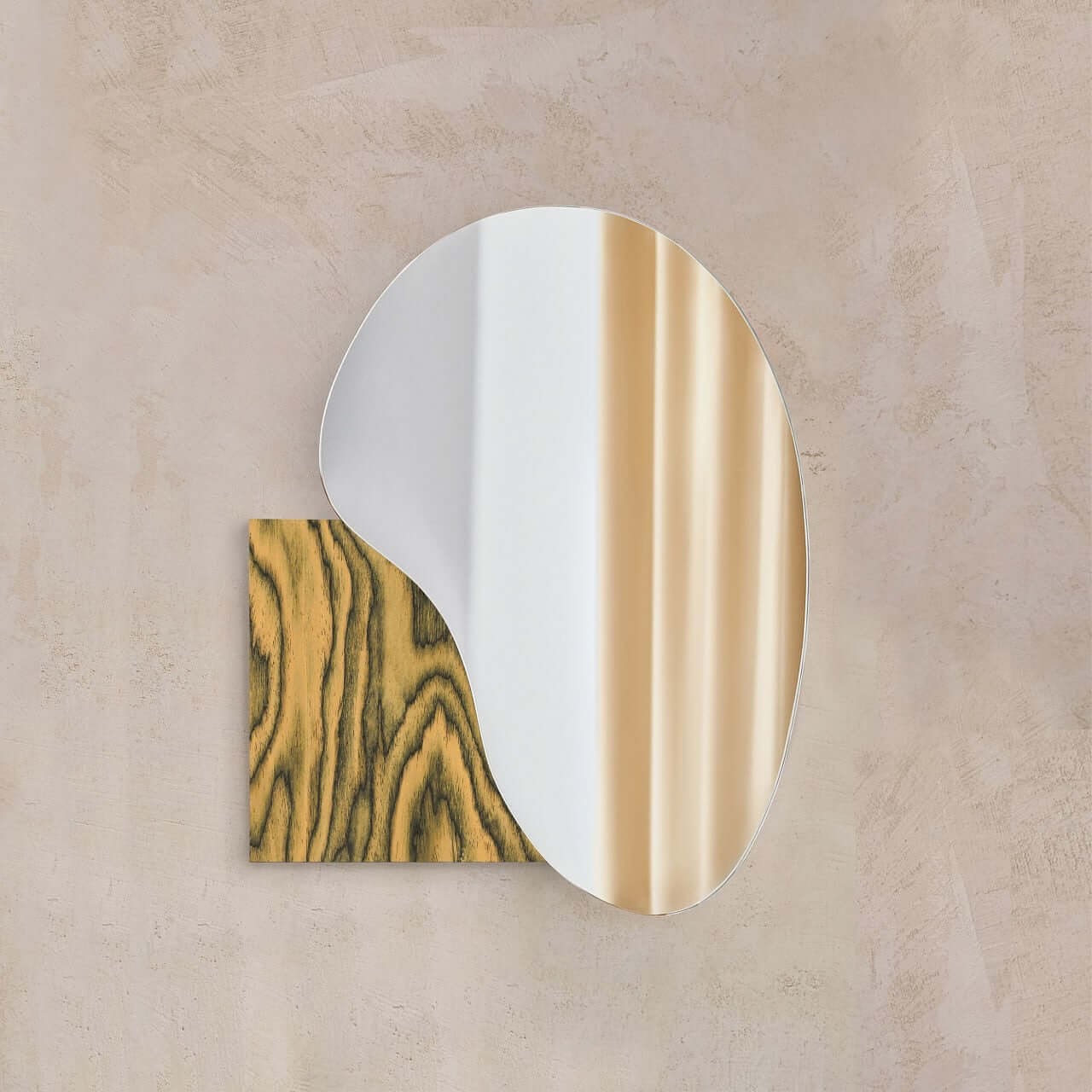 Irregular lake mirror by Noom, designed by Maryna Dague and Nathan Baraness, featuring Sottsass veneer and stainless steel options.