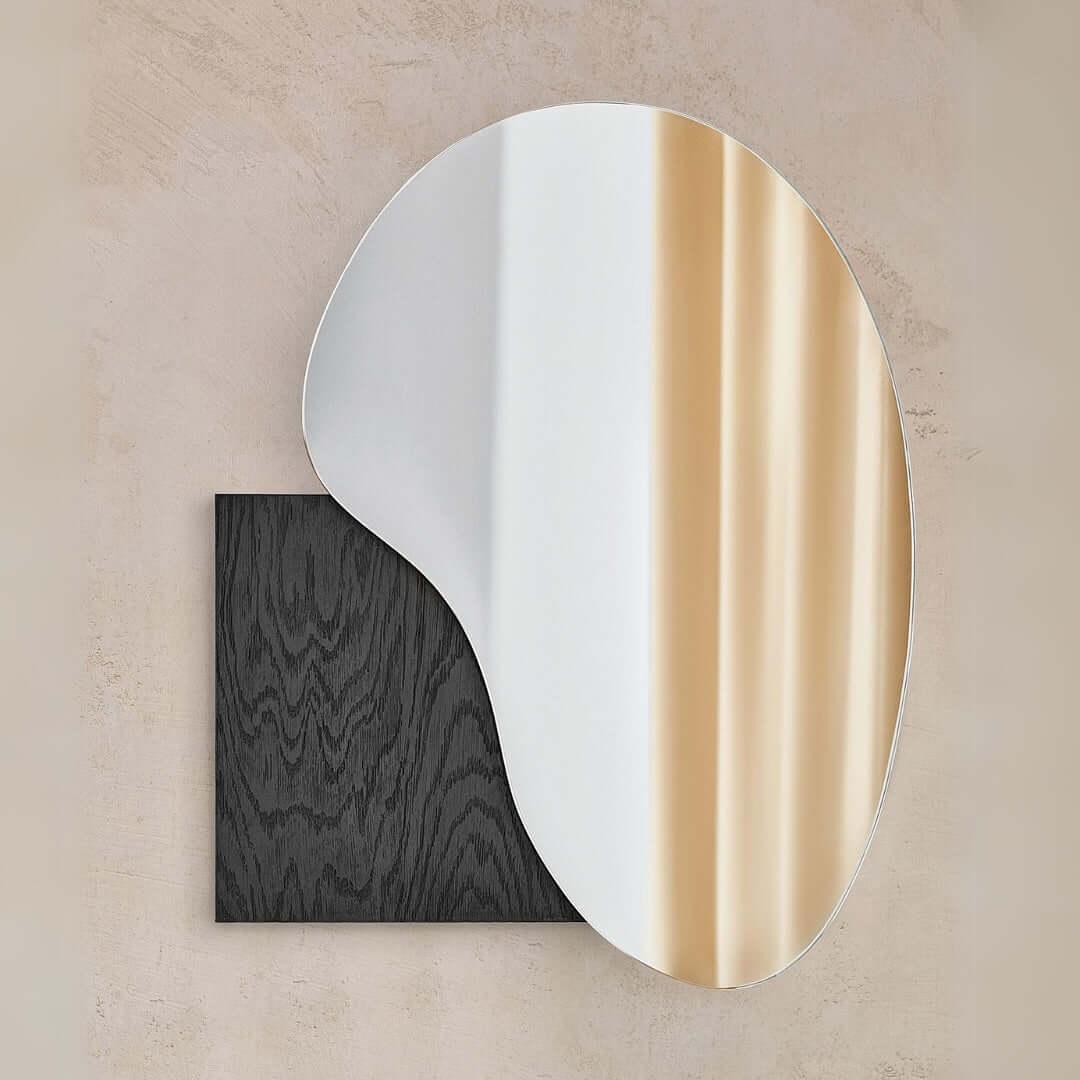 Irregular lake-shaped mirror with Sottsass veneer, stainless steel, and marble options by Noom Home, designed by Maryna Dague and Nathan Baraness.
