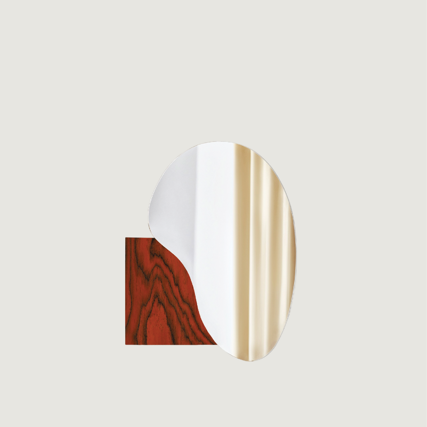 Irregular lake mirror by Noom featuring Sottsass veneer and sinuous shapes designed by Maryna Dague and Nathan Baraness.