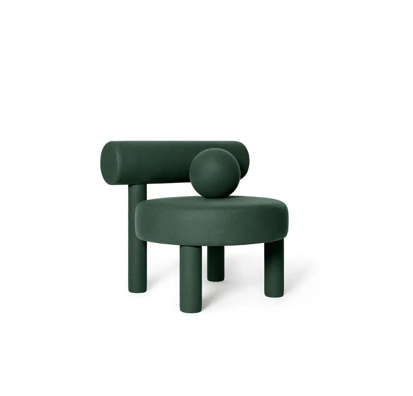 Green Gropius Low Chair CS1 by Noom, designed by Kateryna Sokolova, Bauhaus-inspired flock chair for modern home decor.
