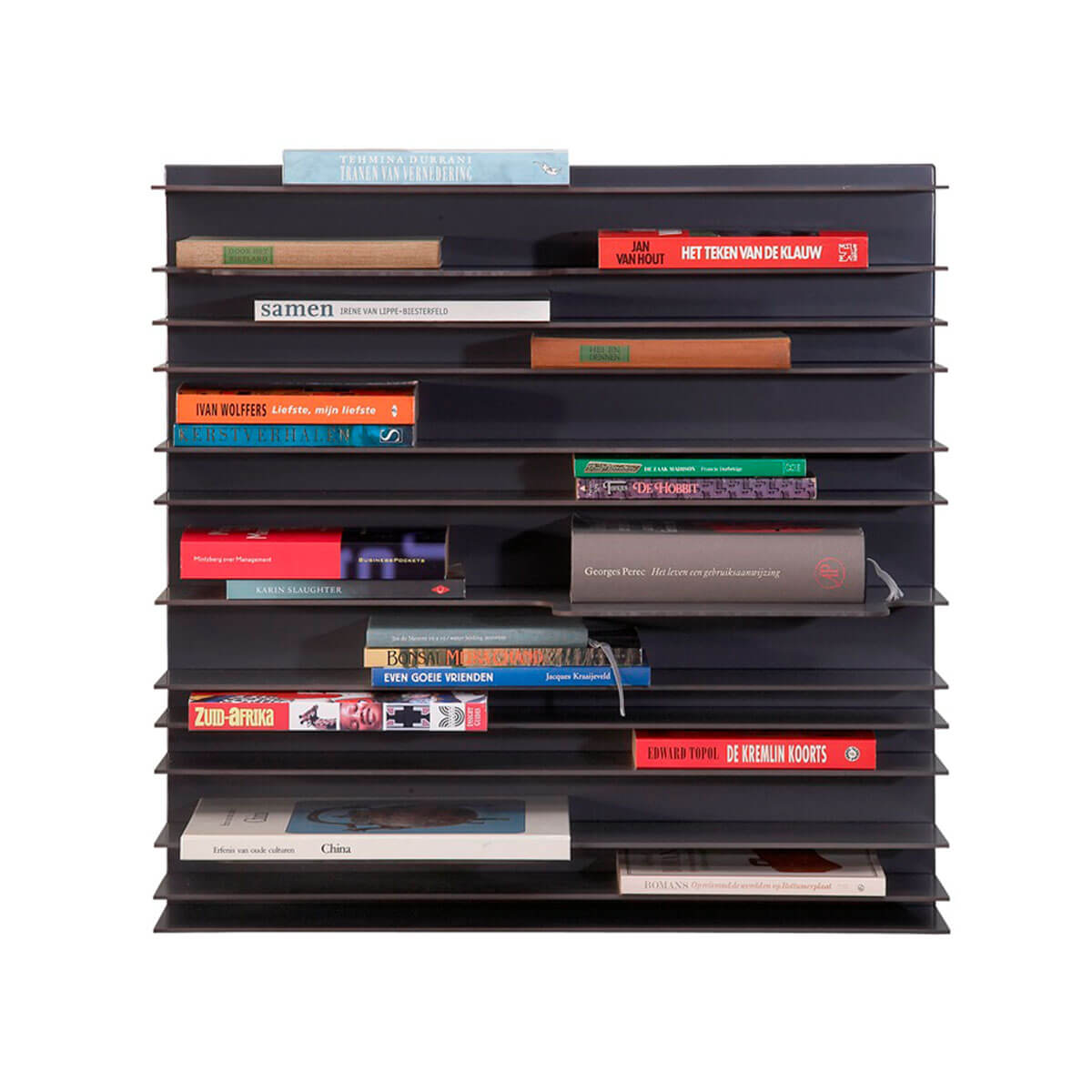 Spectrum Paperback shelving system displaying colorful books in a modern, minimalist design for creative interiors.