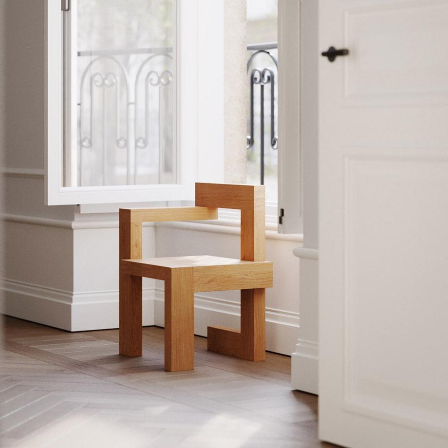 Gerrit Rietveld Steltman chair in wood, designed for Spectrum, set beside a window in a modern interior.