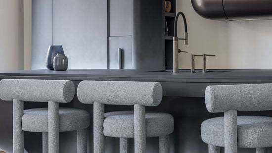 Modern kitchen featuring Gropius CS1 Bar Stools by Noom, designed by Kateryna Sokolova, showcasing Bauhaus-inspired functionalism and design.