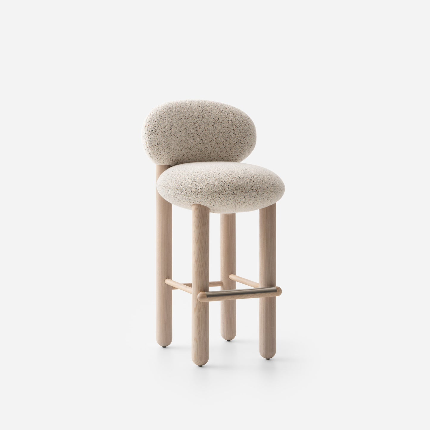 Modern designer bar stool from the Flock series by Noom, featuring a soft seat and elegant wooden legs.