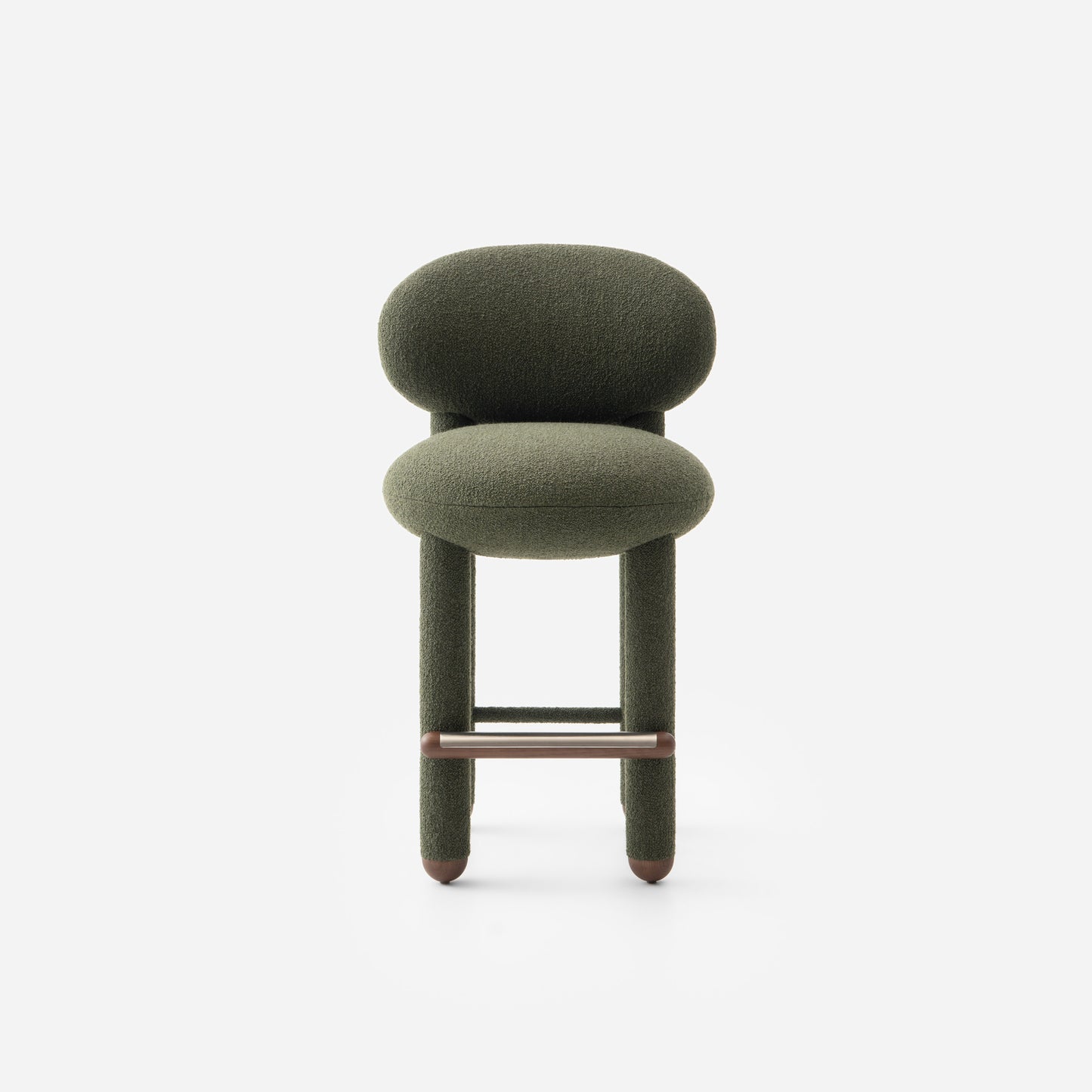 Modern designer Flock CS1 bar stool by Noom, featuring a soft green fabric and curved back for comfort.